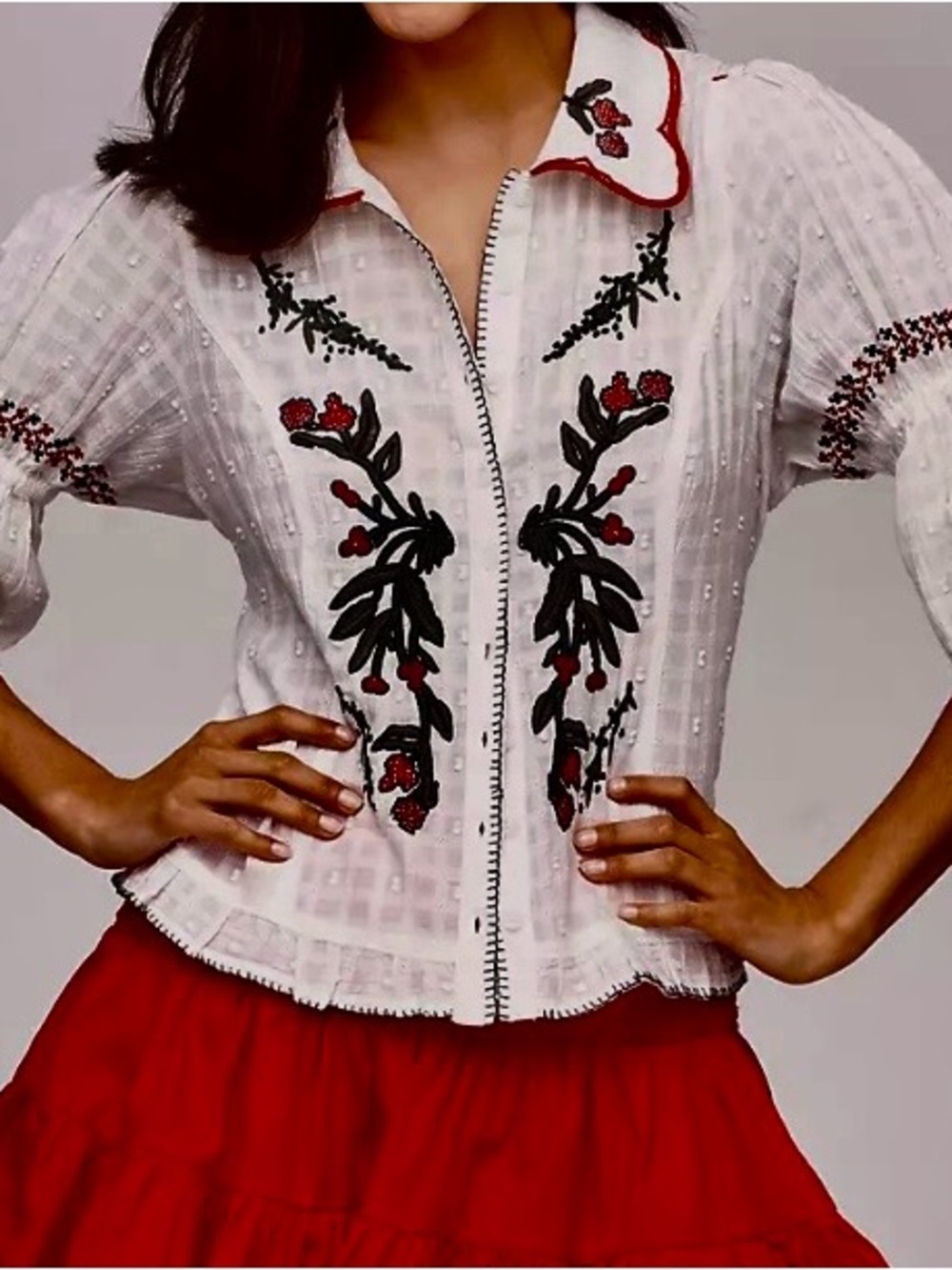 Pilcro Bohemian White Button-Down Blouse with Black and Red Floral Embroidery